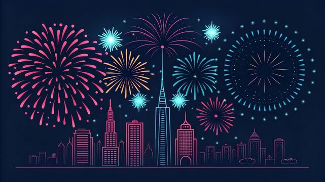 Dynamic Fireworks Display Over City Skyline Animation - Stock Motion Graphics