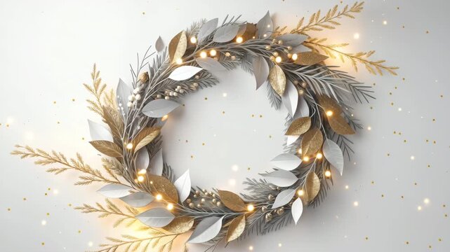 Elegant Christmas Wreath with Gold and Silver Leaves, Festive Lights, Stock Media