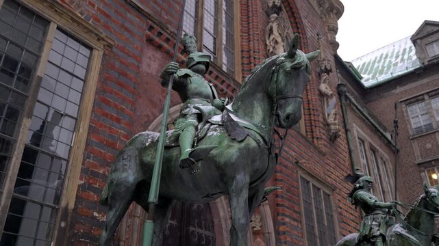Iconic landmarks from the center of Bremen, the Town Musicians, the Dom Cathedral.
