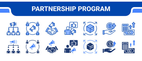 Obraz premium Partnership Program Icon Collection, featuring Affiliate, Affiliate Marketing, Sponsorship, Influencer, Distribution, Revenue, Profit.