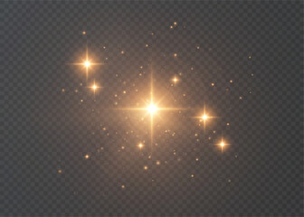 A golden star sparkling with bright sparks and dust particles, isolated on a transparent background. A warm stellar explosion for festive overlays, magical effects, and bokeh scenes. © MAKSYM