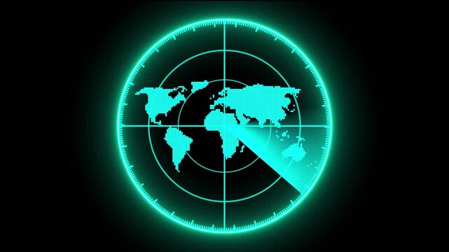 virtual war radar monitoring screen with target detection,digital world map radar scan for global communication system,futuristic military radar screen showing worldwide network.