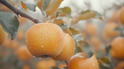 Wet Golden Apples on Tree Branch.