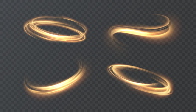 Set of abstract golden light rings, glowing swirl arcs and magic neon trails on transparent background.