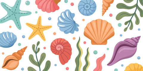 Cute Seashell and Starfish Outline Collection  Coral, Seaweed and Ocean Elements