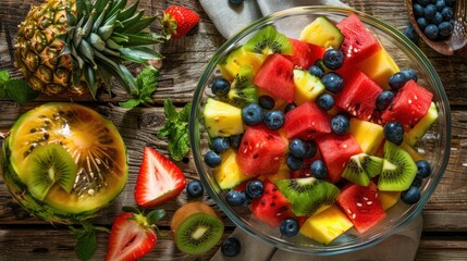 Colorful Mixed Fruit Salad in Glass Bowl on Rustic Wooden Surface