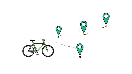 Fototapeta premium Green bicycle and a winding path with location map pins representing cycling routes, bike navigation, and outdoor travel planning.