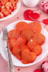 Red velvet pancakes in form of hearts for Valentine Day