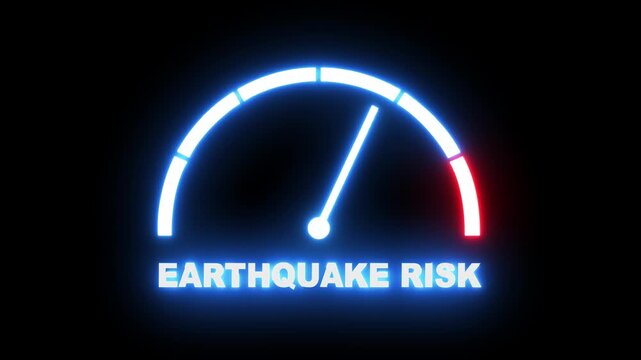 Earthquake risk level meter showing progress from beginner low red zone to expert high blue zone. earthquake risk level speedometer gauge with low and high levels.