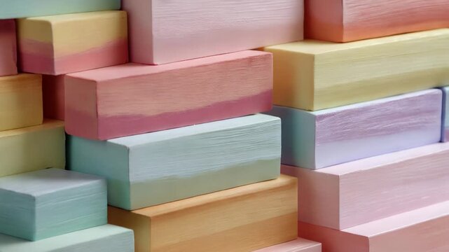 Colorful blocks stacked in a pattern showcasing various pastel shades and textures in a creative display during daylight hours