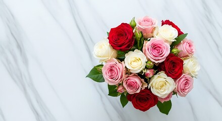 Fototapeta premium Bouquet of red pink and white roses on marble background flowers red roses pink roses