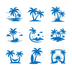 Obraz premium Blue silhouette palm tree tropical island landscape icons