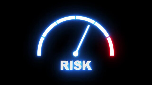 Risk level meter showing progress from beginner low blue zone to expert high redzone. Risk level speedometer gauge with low and high levels.