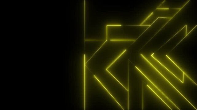 Glowing yellow neon arrow pattern animation on black background, abstract directional movement for modern technology and data visuals