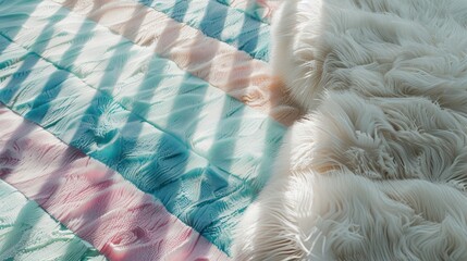 Colorful Quilted Blanket with Soft White Faux Fur Edge on Bed in Natural Light