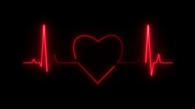 Abstract heart beats, cardiogram. Cardiology black background with red heart. Pulse of life line forming heart shape. Medical design with red heart