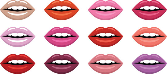 Expressive Female Lips Outline Icon Set  Smiling Mouths with Teeth and Lipstick Styles