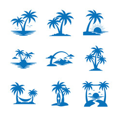 Fototapeta premium collection of blue silhouette palm tree icons on white background for travel and tropical concepts