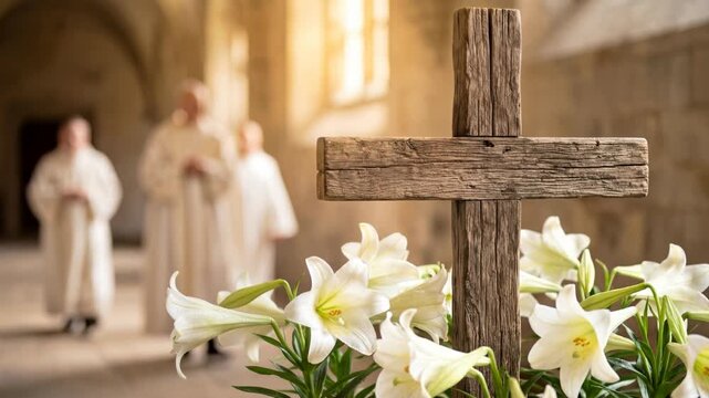 Wooden cross and white lilies in a sunlit church. Priests in white robes walking in the background. Religious Easter celebration and faith concept