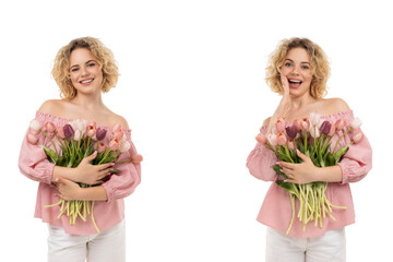 Naklejka premium Girl holding tulips smiling and celebrating Women's Day, isolated, PNG