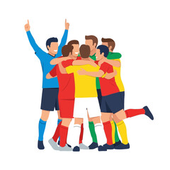 Obraz premium Happy football players celebrating a victory in a team hug, arms raised in triumph, showing unity and sportsmanship