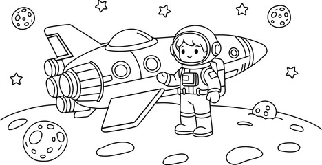 Astronaut lunar exploration coloring illustrations, with backgrounds adorned with stars and craters, suitable for children's picture book pages, aerospace science exhibition boards © yanli