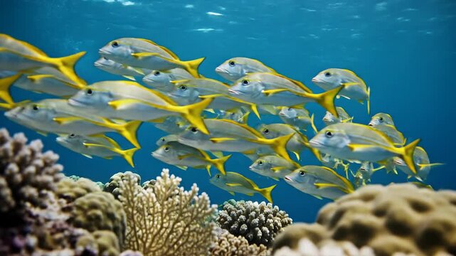 School of Yellowtail Snapper Fish Swimming Over Coral Reef Underwater