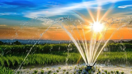 Colorful Sunrise Over Green Field with Water Sprinkler Irrigation System