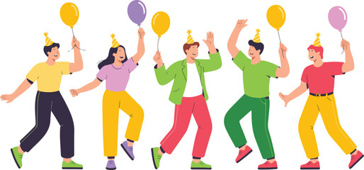Birthday Party Outline Illustration  People with Balloons and Hats Celebrating