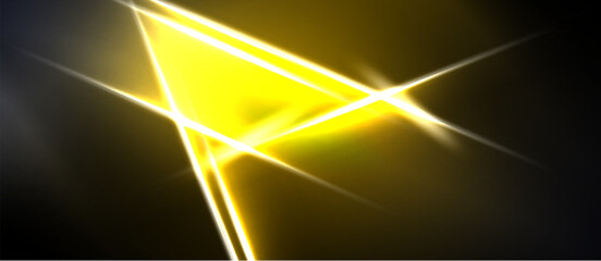 Naklejka premium Bright yellow lines intersect dark background. Abstract geometric shapes create dynamic visual effect. Light radiates, forming sharp angles.