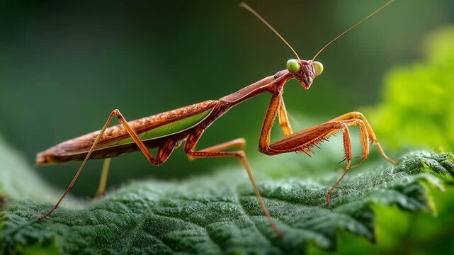 Close view of a praying mantis on a green leaf in a garden during daytime surrounded by soft natural light and blurred background