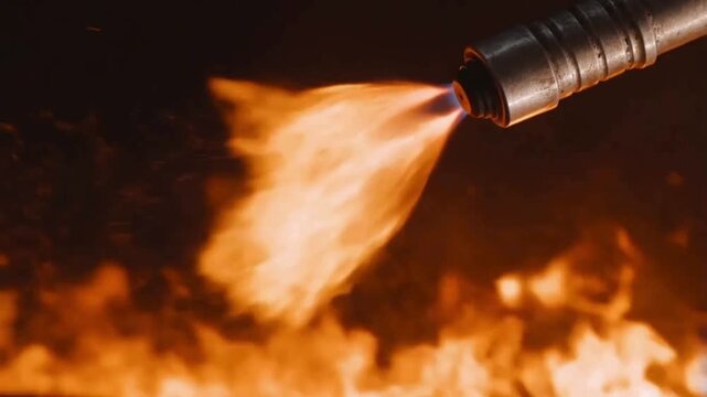 Streams of orange flame shoot out of the metal nozzle, resembling a burning torch or a jet engine in action, with the dark background making the flames even more striking