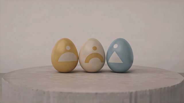 Decorative easter eggs with modern geometric patterns on light copy space background, stylish spring holiday concept for branding, greeting cards, packaging and seasonal design projects