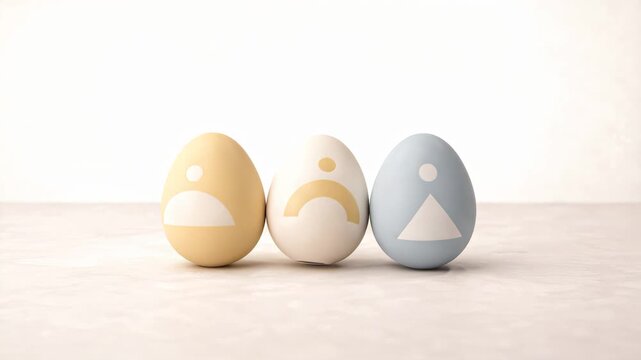 Decorative easter eggs with modern geometric patterns on light copy space background, stylish spring holiday concept for branding, greeting cards, packaging and seasonal design projects