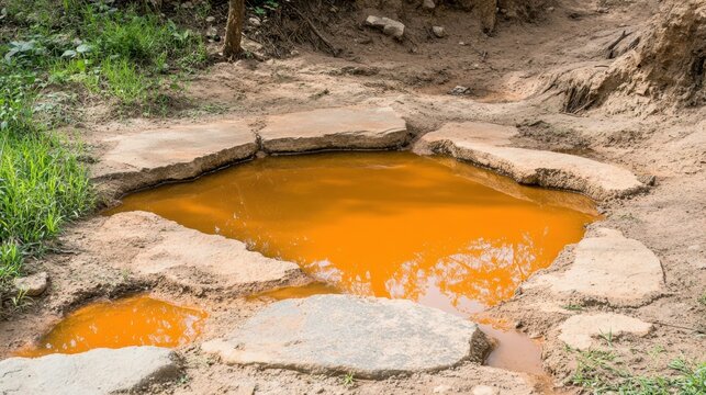 A bright orange pool of water surrounded by rough stones and dirt in an outdoor environment