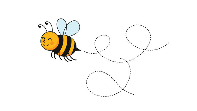 Happy cartoon bee flying along a complex loopy dashed path on a white background represents garden exploration and fun.