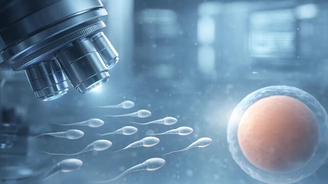 Scientific fertilization concept with sperm cells and microscope in blue laboratory environment, medical and research illustration for fertility, ivf, biology and healthcare themes