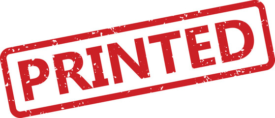 A clear red rectangular rubber stamp with a distressed grunge effect displaying the word PRINTED on a clean white backdrop