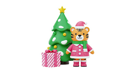 Cute Tiger in Christmas Outfit with Tree and Gift
