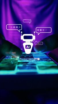 Chatbot Ai Artificial Intelligence technology concept.Woman Hands holding mobile phone with blue and purple neon tones.concept Ai , Social media and marketing