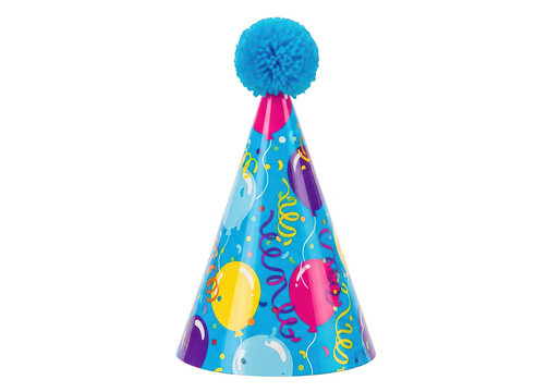 Colorful party hat with a blue pom pom isolated on transparent background