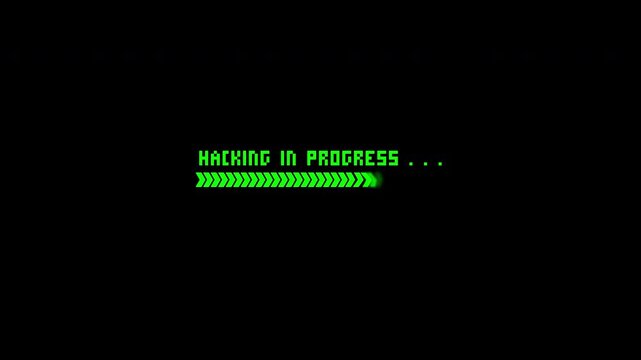 Hacking in progress message with loading bar graphic. Suitable for cybersecurity, hacking awareness, technology, and online security concepts.