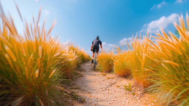 Mountain biker pedals away on sandy trail between tall golden grass on sunny day; camera follows as rider moves farther down path, wheels spinning, grass swaying in wind.