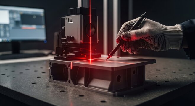 Advanced quality control inspection concept laser alignment measurement on precision metal housing in metrology lab highlighting flatness verification accuracy and high tech manufacturing standards