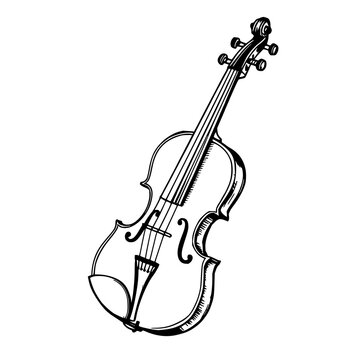 Elegant Vintage Violin and Bow: Hand-drawn Sketch in Black Ink with Artistic Textures on a Clean White Background &ndash; Perfect for Music and Art-themed Projects