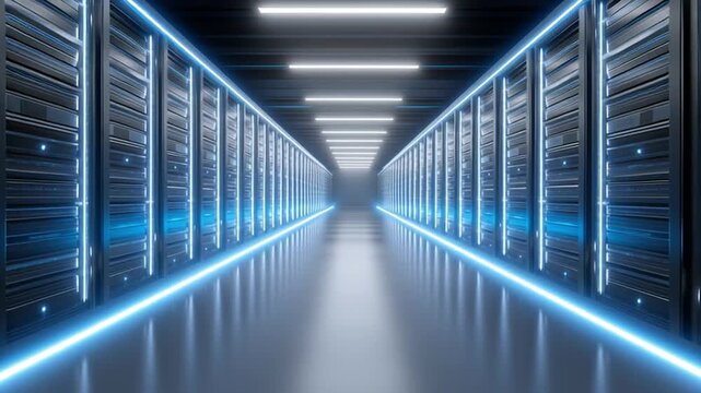 Blue lit data center corridor with endless server racks as the camera smoothly dollies forward, LED strips glow along the floor, perspective shifts and reflections slide on polished tiles.