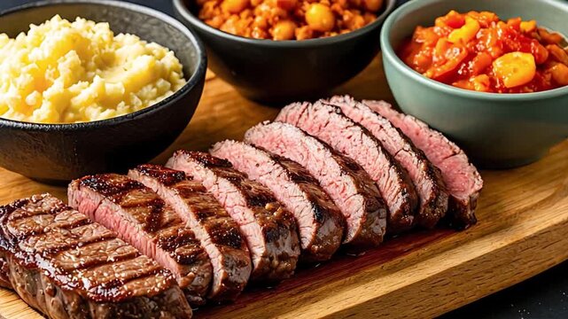 Video displaying a delicious steak with mashed potato, chickpea, and tomato sides, showcasing a balanced and appealing meal.