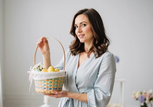 Young woman holding an Easter basket with eggs and flowers in a bright studio. Smiling female model in a blue dress posing for a spring holiday portrait. Easter celebration concept