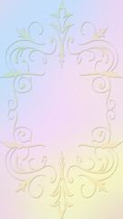 Delicate ornamental frame with intricate swirls and flourishes on soft pastel gradient of blue, pink, and yellow. Perfect for invitations, cards, certificates, and elegant design projects.