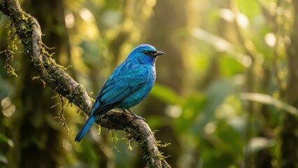 Obraz premium Vibrant Blue Bird Perched on Mossy Branch in Sunlit Forest Habitat